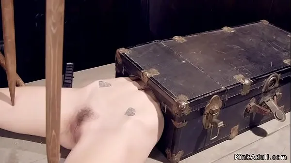 Show Blonde slave laid in suitcase with upper body gets pussy vibrated warm Clips