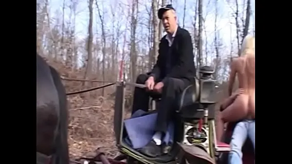 Hiển thị Playful senior cabin attendant Katia De Val allowed pilot assistant access for her body during horse and buggy circa walking in the woods Clip ấm áp